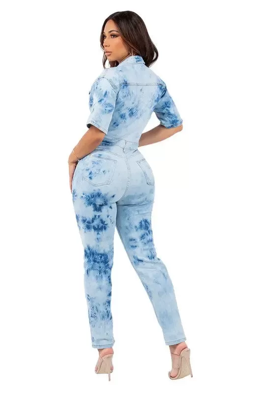 Short Sleeve Denim Jumpsuit Tie-dye ( Available in Plus )