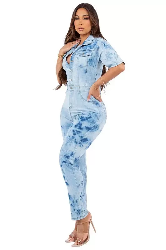 Short Sleeve Denim Jumpsuit Tie-dye ( Available in Plus )