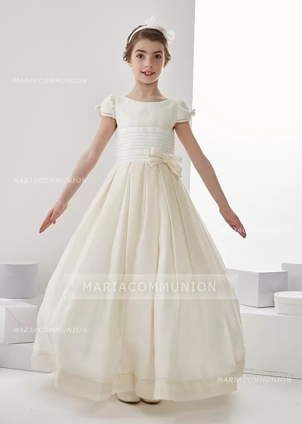 Short Sleeve Jewel Neck A-Line Organza Floor Length First Communion Dress With Bows