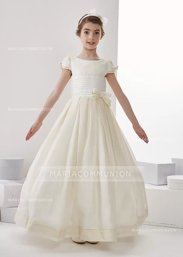 Short Sleeve Jewel Neck A-Line Organza Floor Length First Communion Dress With Bows