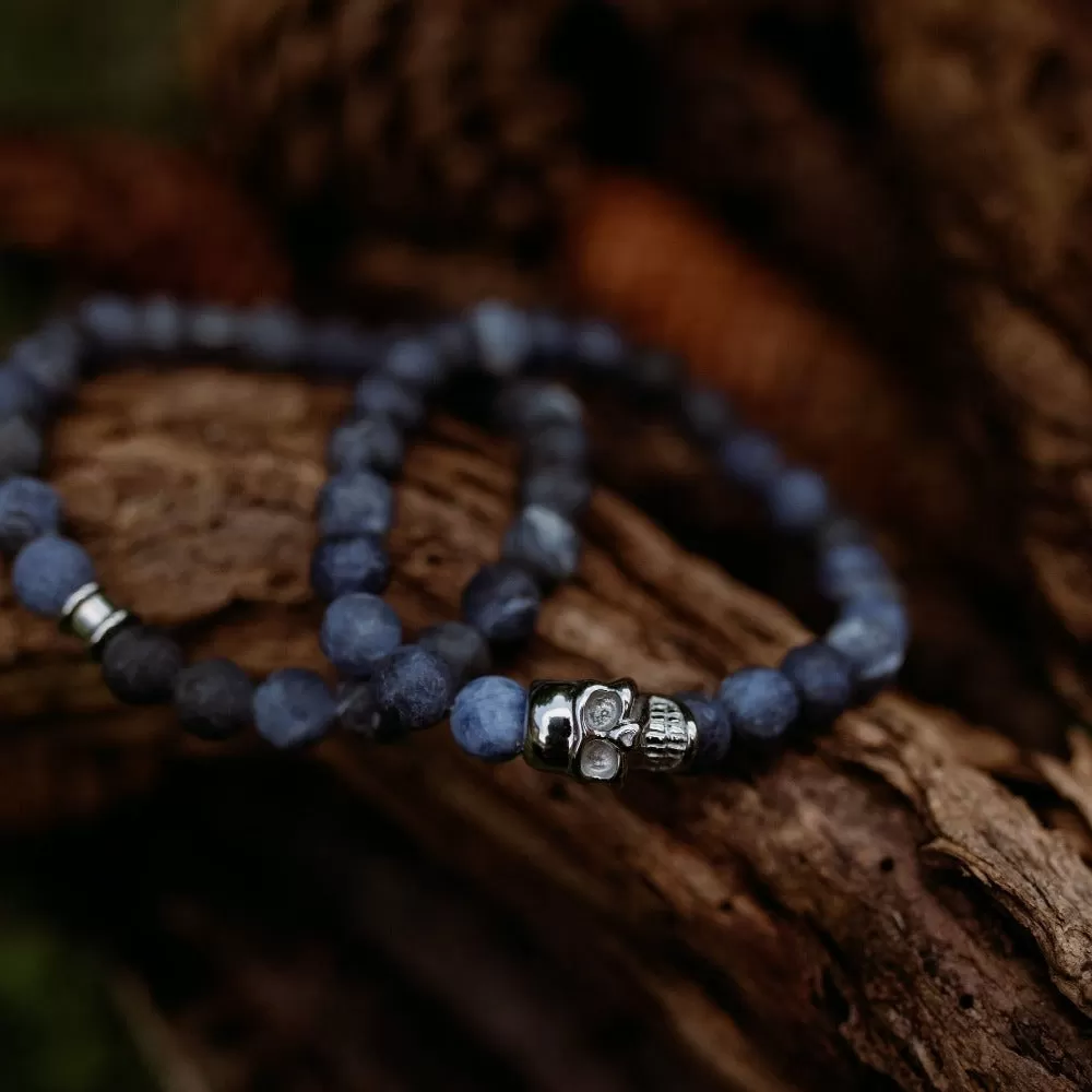 Skull 8mm Round Gemstone Bracelet Matt Blue