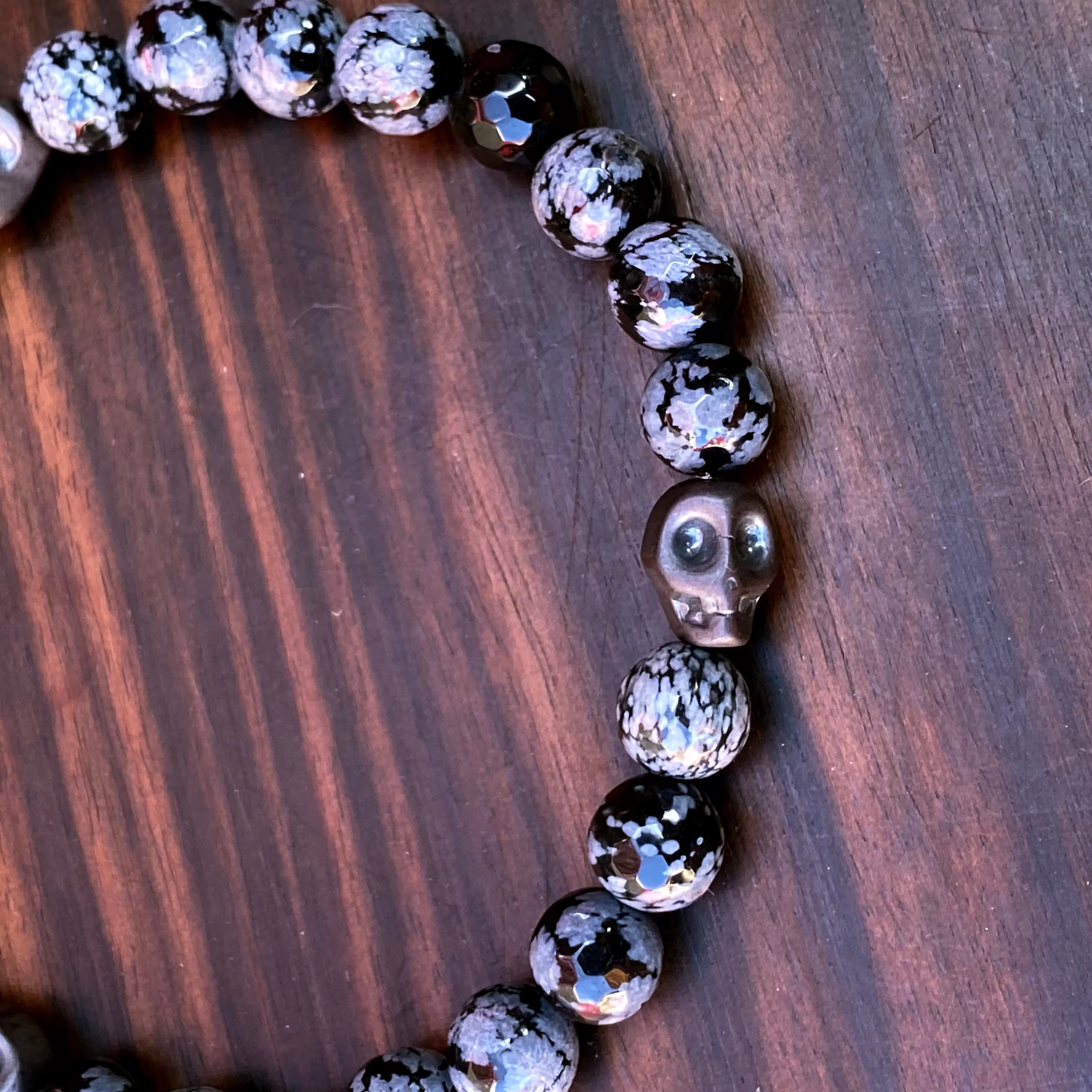 Snowflake Obsidian and Hematite Skull Bracelet