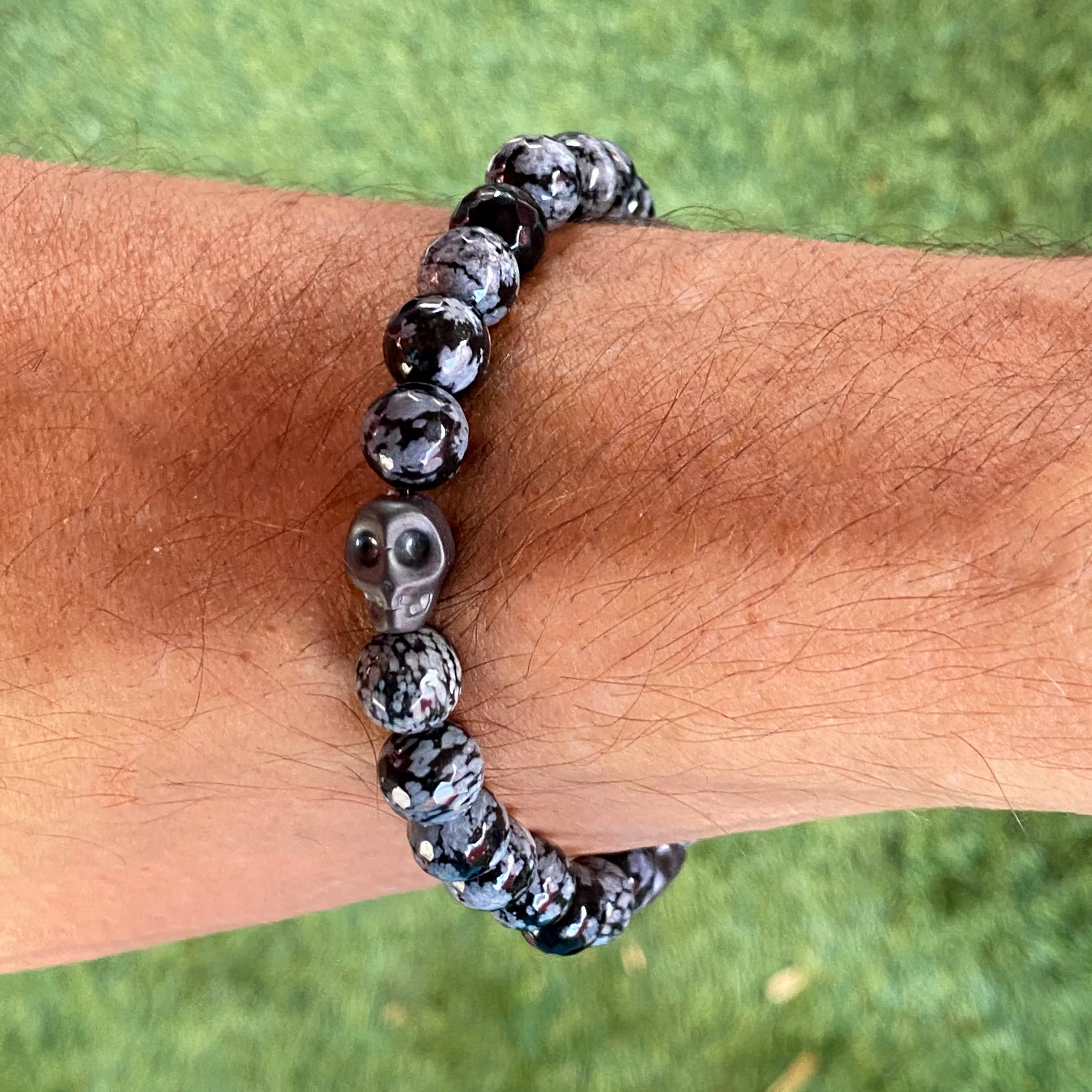 Snowflake Obsidian and Hematite Skull Bracelet