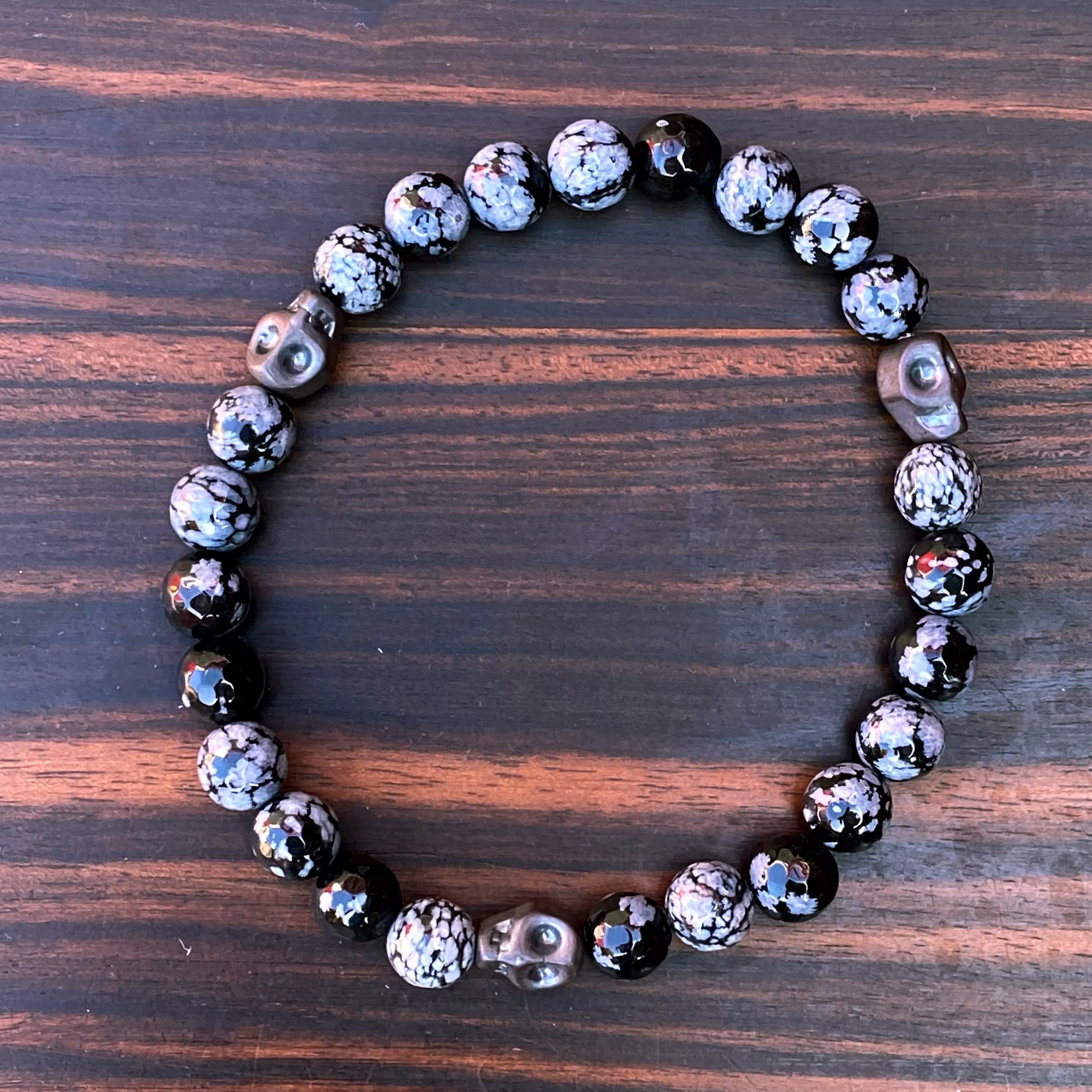 Snowflake Obsidian and Hematite Skull Bracelet