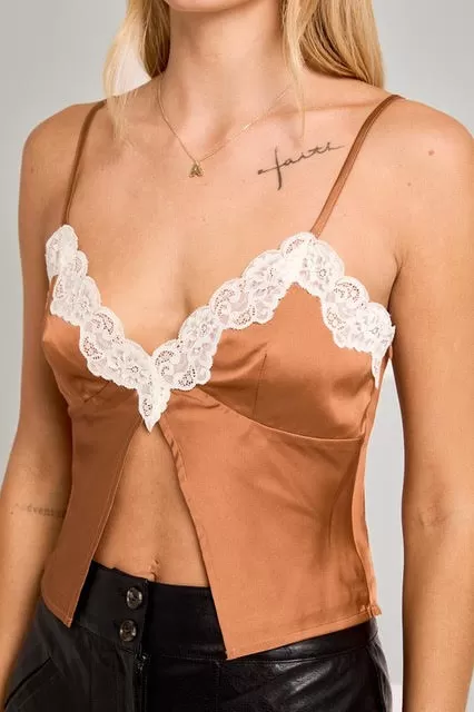 Sweet Nothings Lace Trim Silk Crop Top - Rust