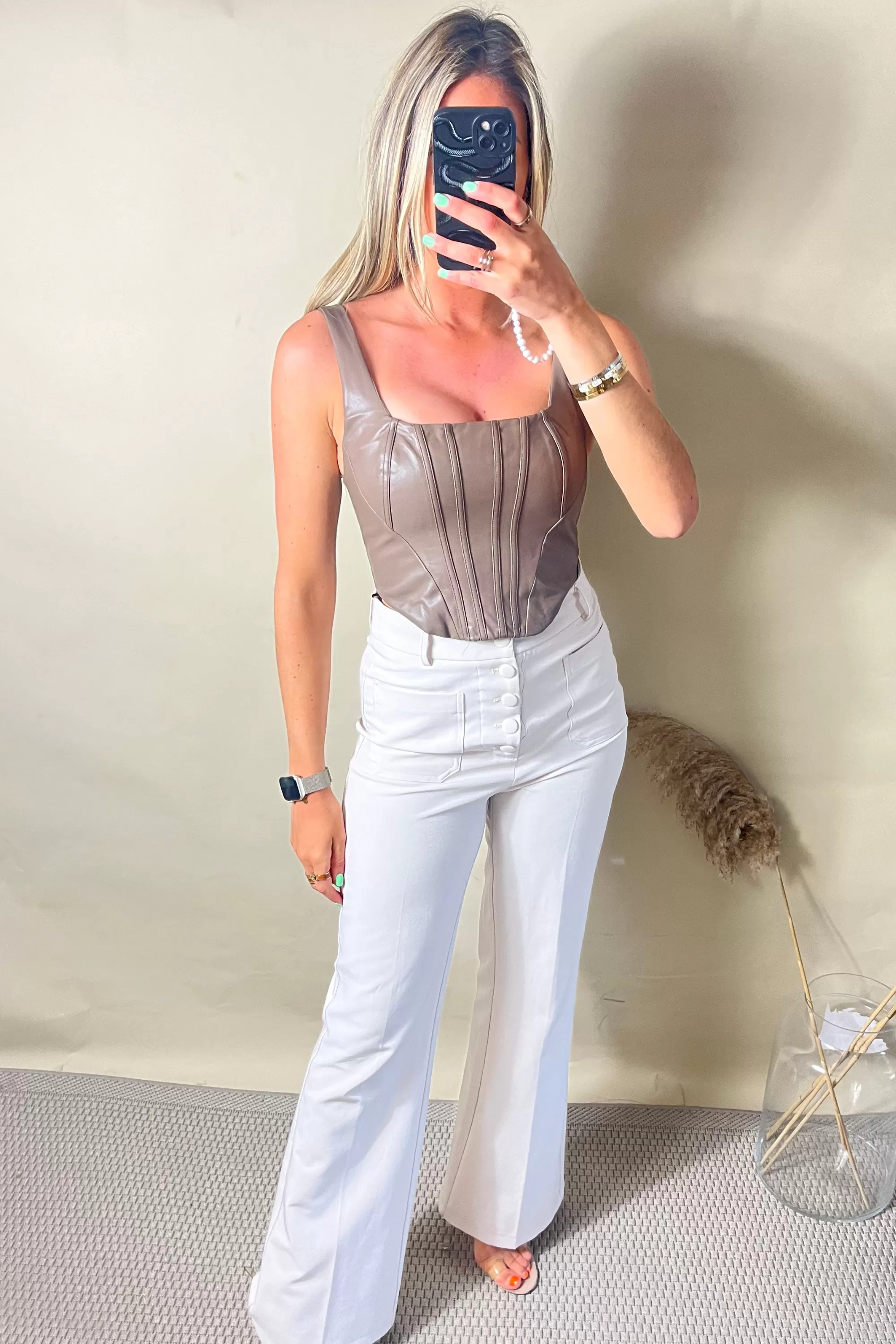 Taupe Panelled PU Corset Top