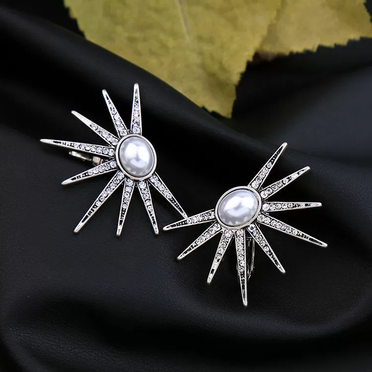 TESSLA - Silver Pearl Studded Sun Clip Earrings