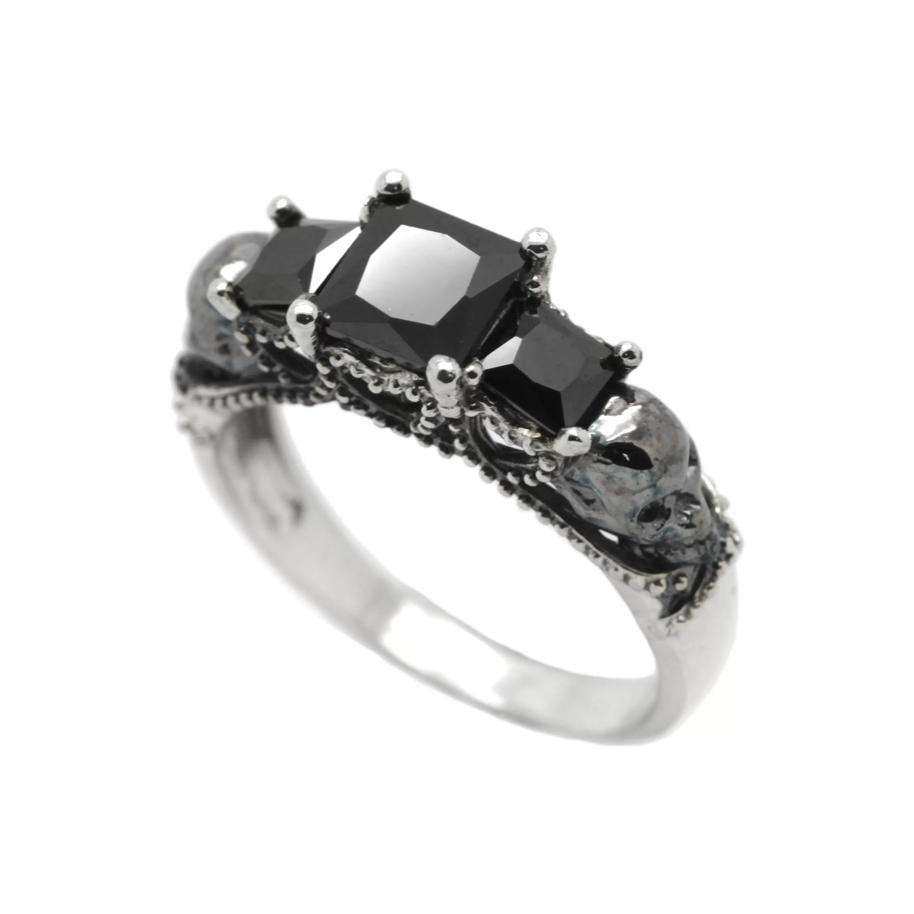 Three Stone Engagement Ring, Black Square Zircons, Gothic Skulls, Skull Wedding ring, Skeleton Simple Ring