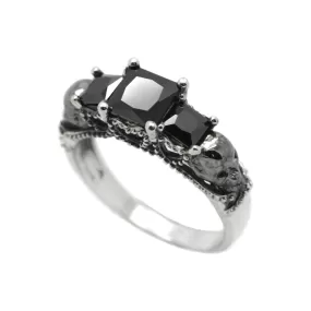 Three Stone Engagement Ring, Black Square Zircons, Gothic Skulls, Skull Wedding ring, Skeleton Simple Ring