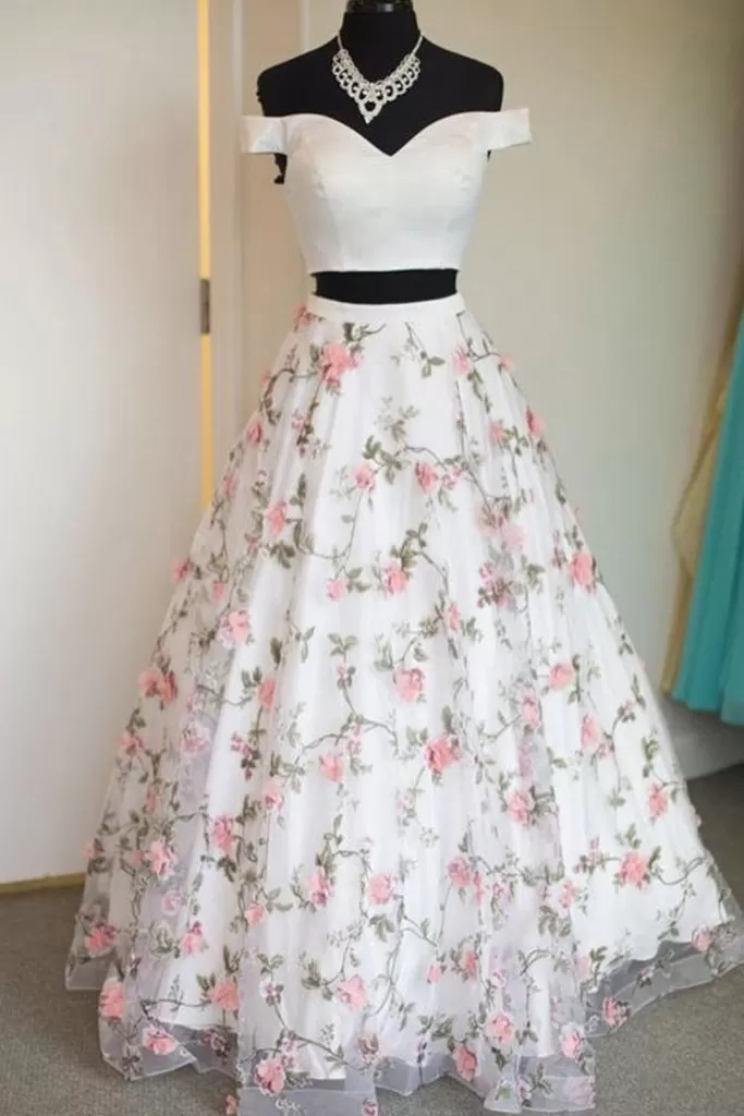 Two Pieces A-line Off-the-shoulder 3D floral Long Prom Dresses Formal Dresses Evening Dress ER1060