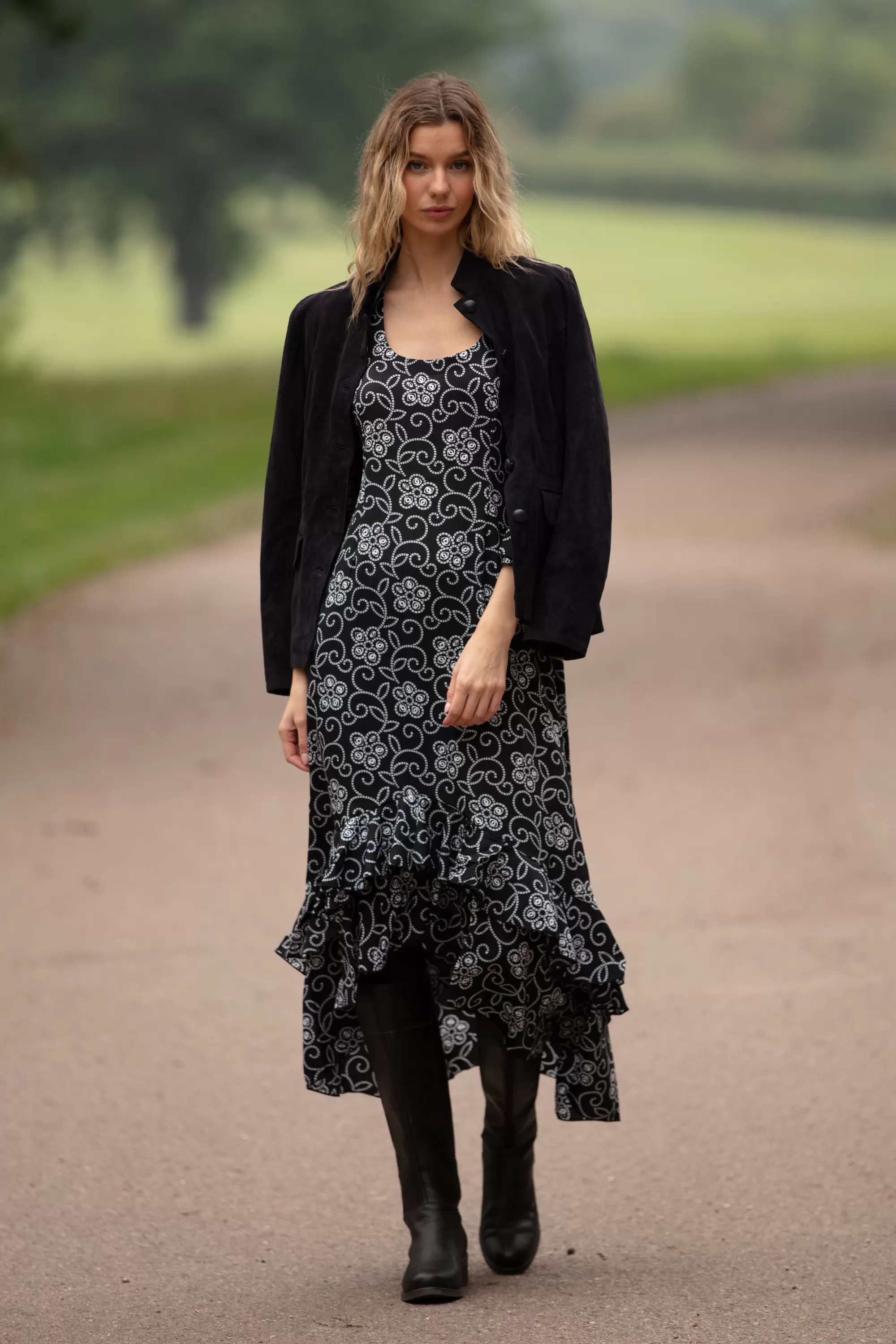 Victoria Midi Dress in Black & White Floral