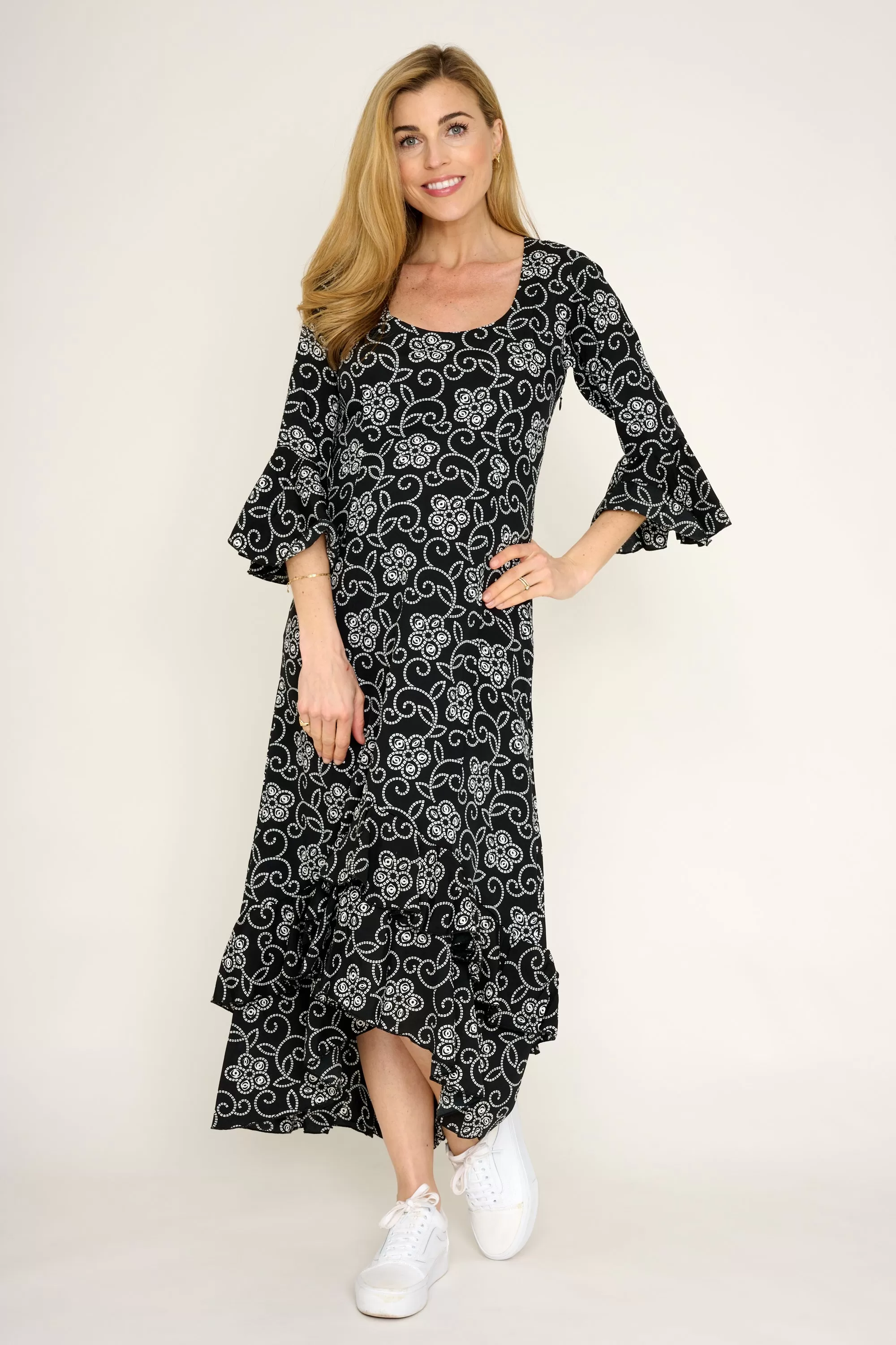 Victoria Midi Dress in Black & White Floral