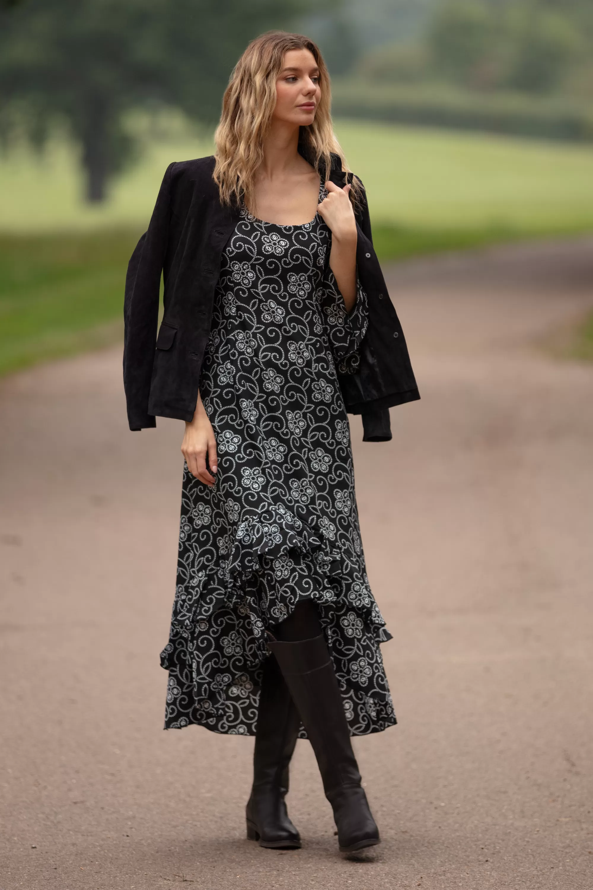 Victoria Midi Dress in Black & White Floral