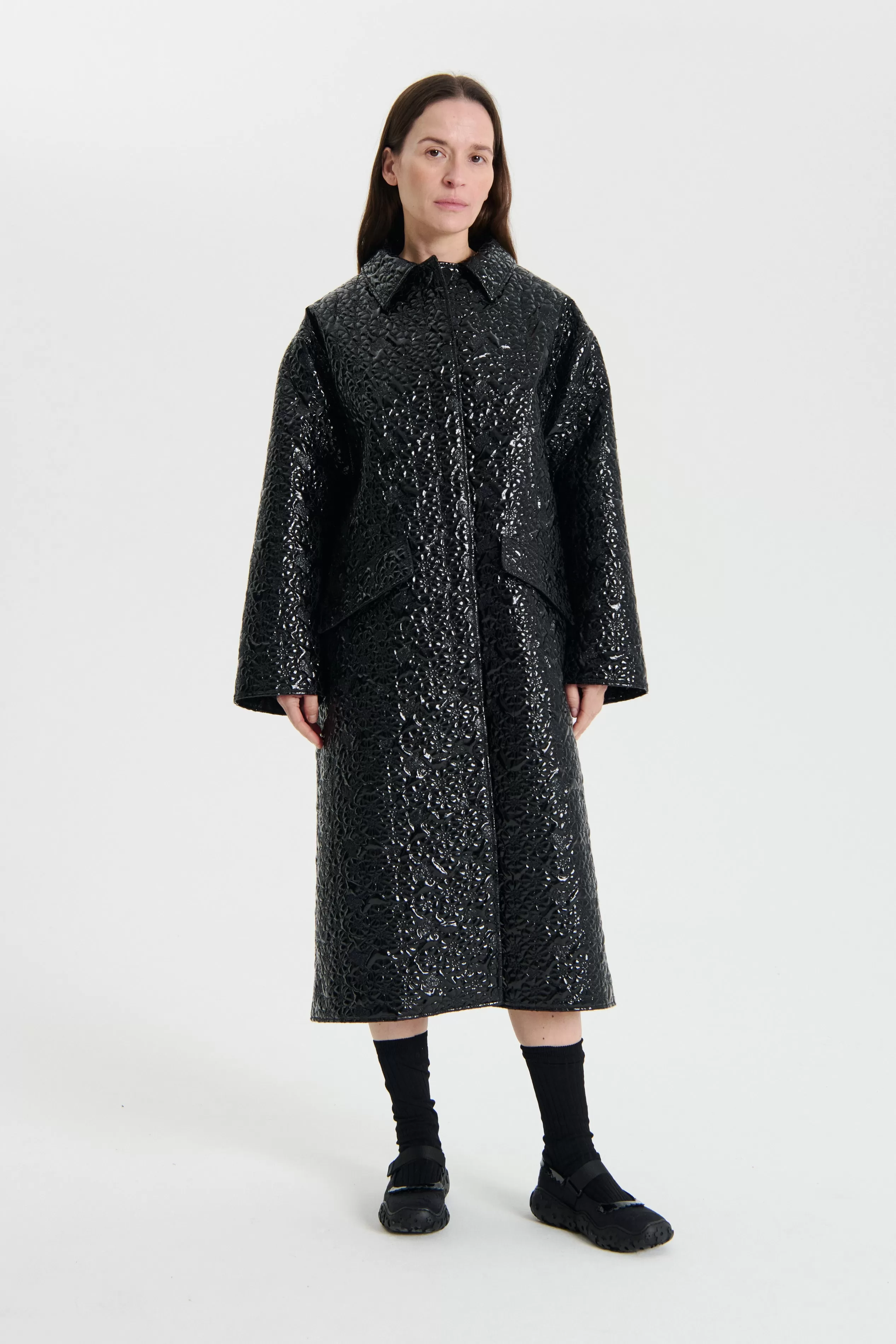 VINONA | COAT LACCATA FLORAL QUILT BLACK