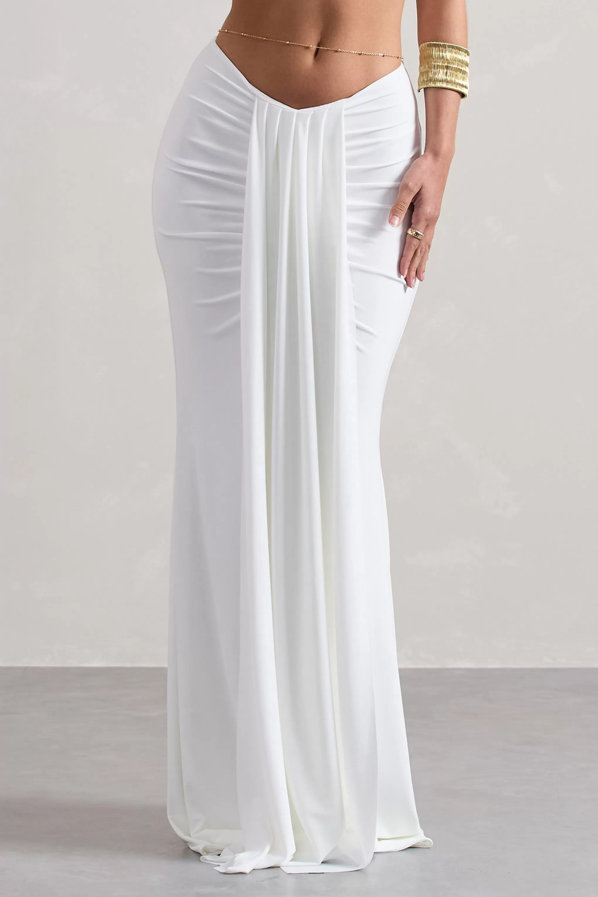 Vitality | White Ruched Drape Maxi Skirt