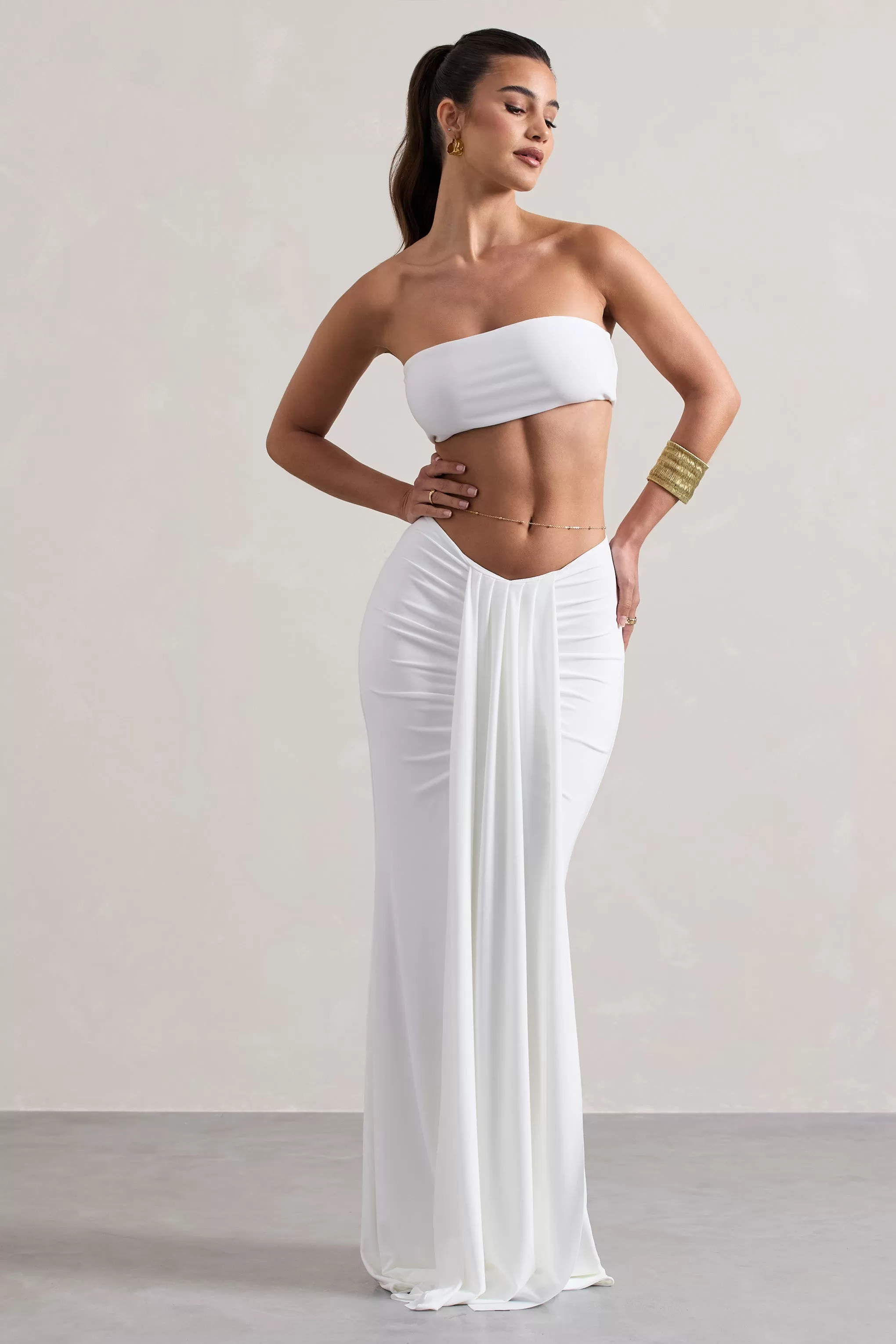 Vitality | White Ruched Drape Maxi Skirt