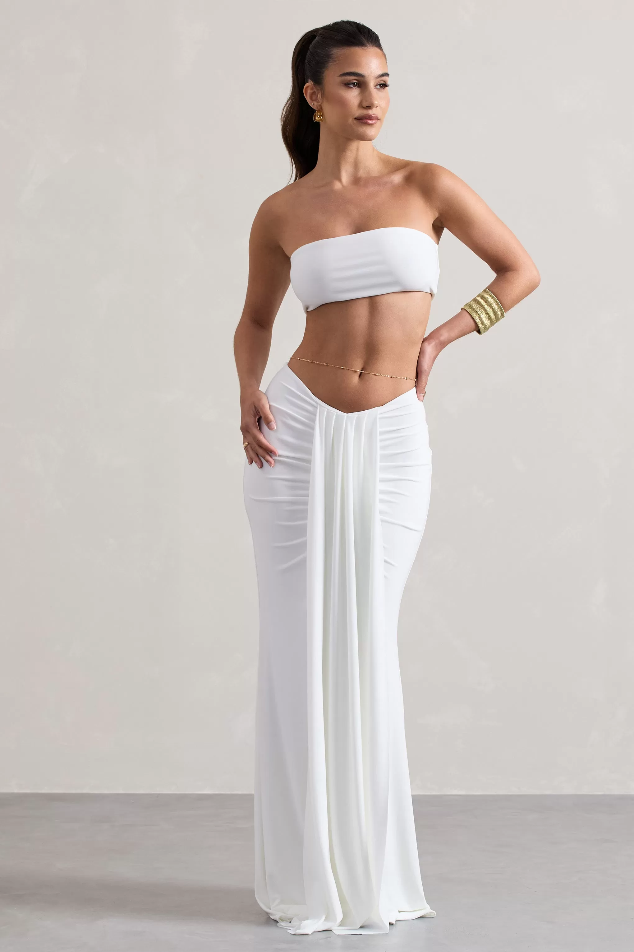 Vitality | White Ruched Drape Maxi Skirt