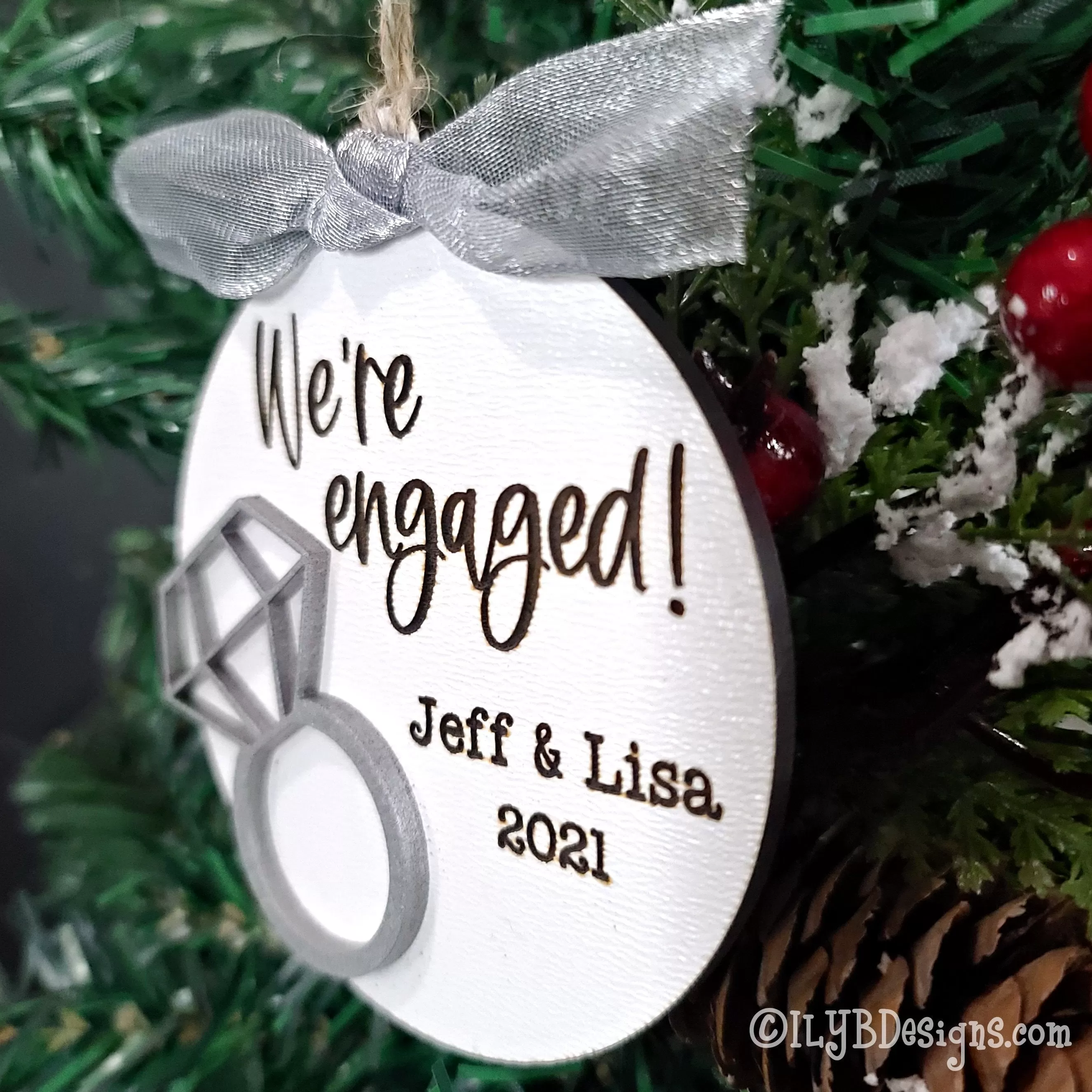 We're Engaged Christmas Ornament | Personalized Laser Cut Wood Ornament