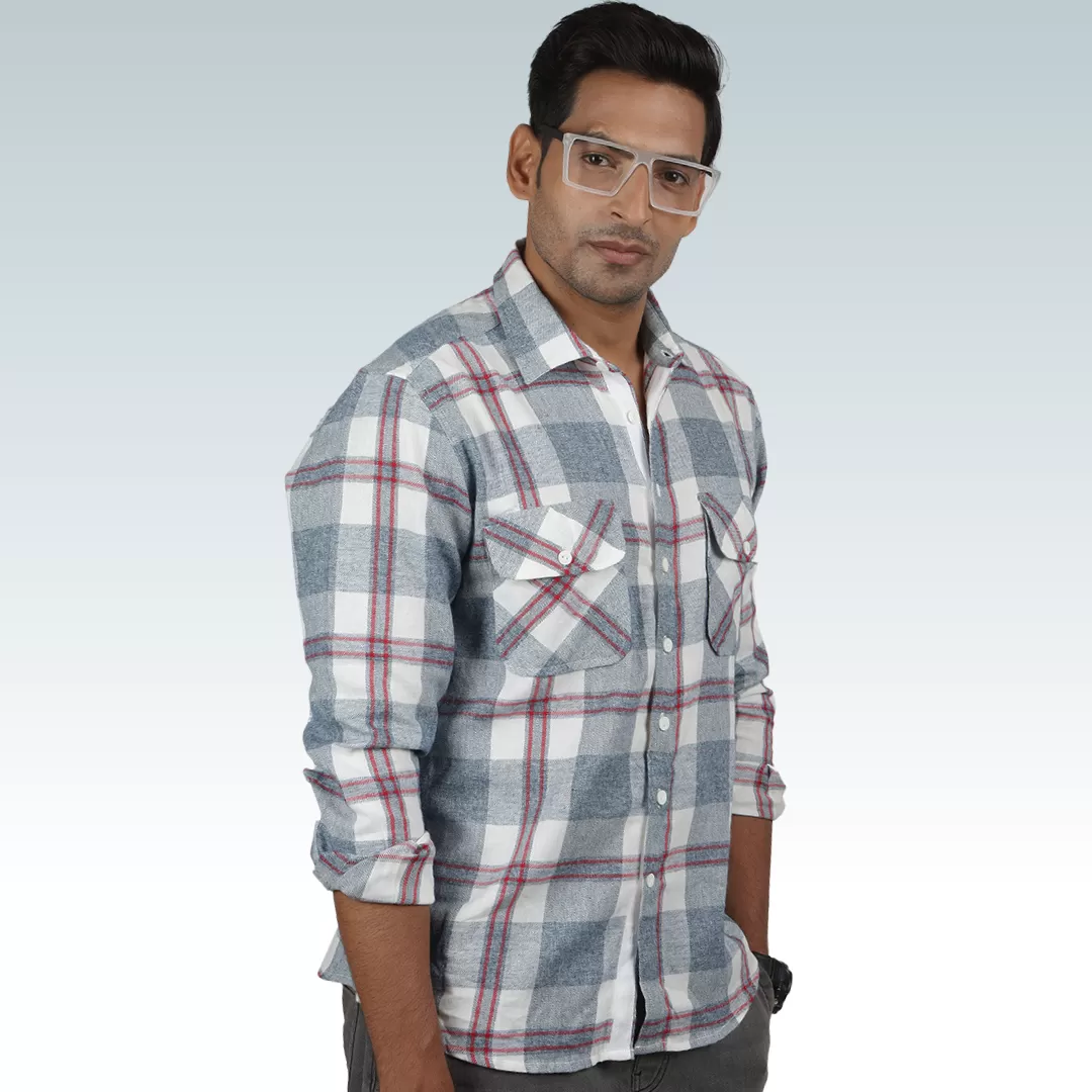 White Grey Check Enzyme Washed Shirt