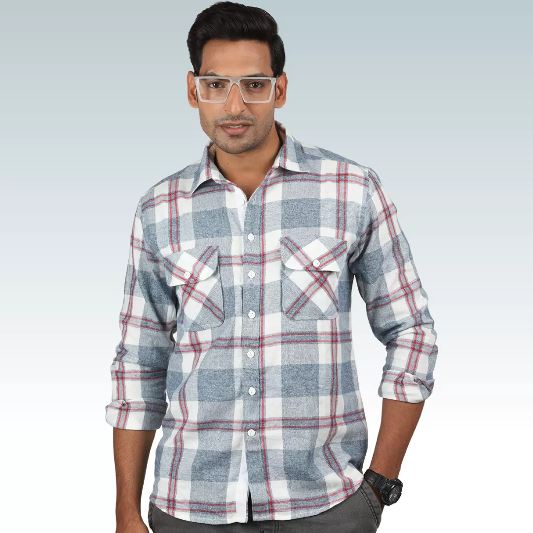 White Grey Check Enzyme Washed Shirt