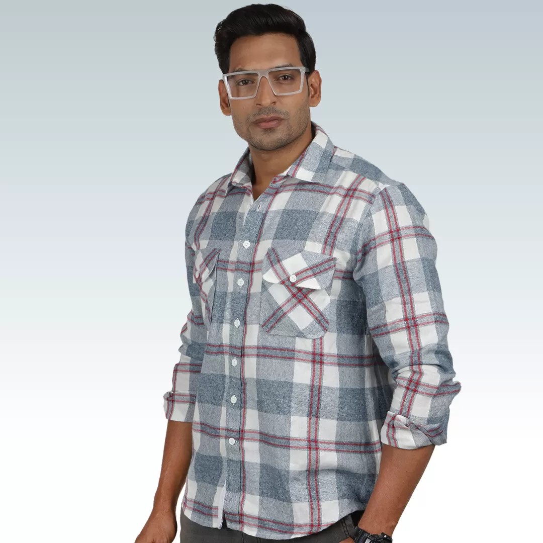 White Grey Check Enzyme Washed Shirt