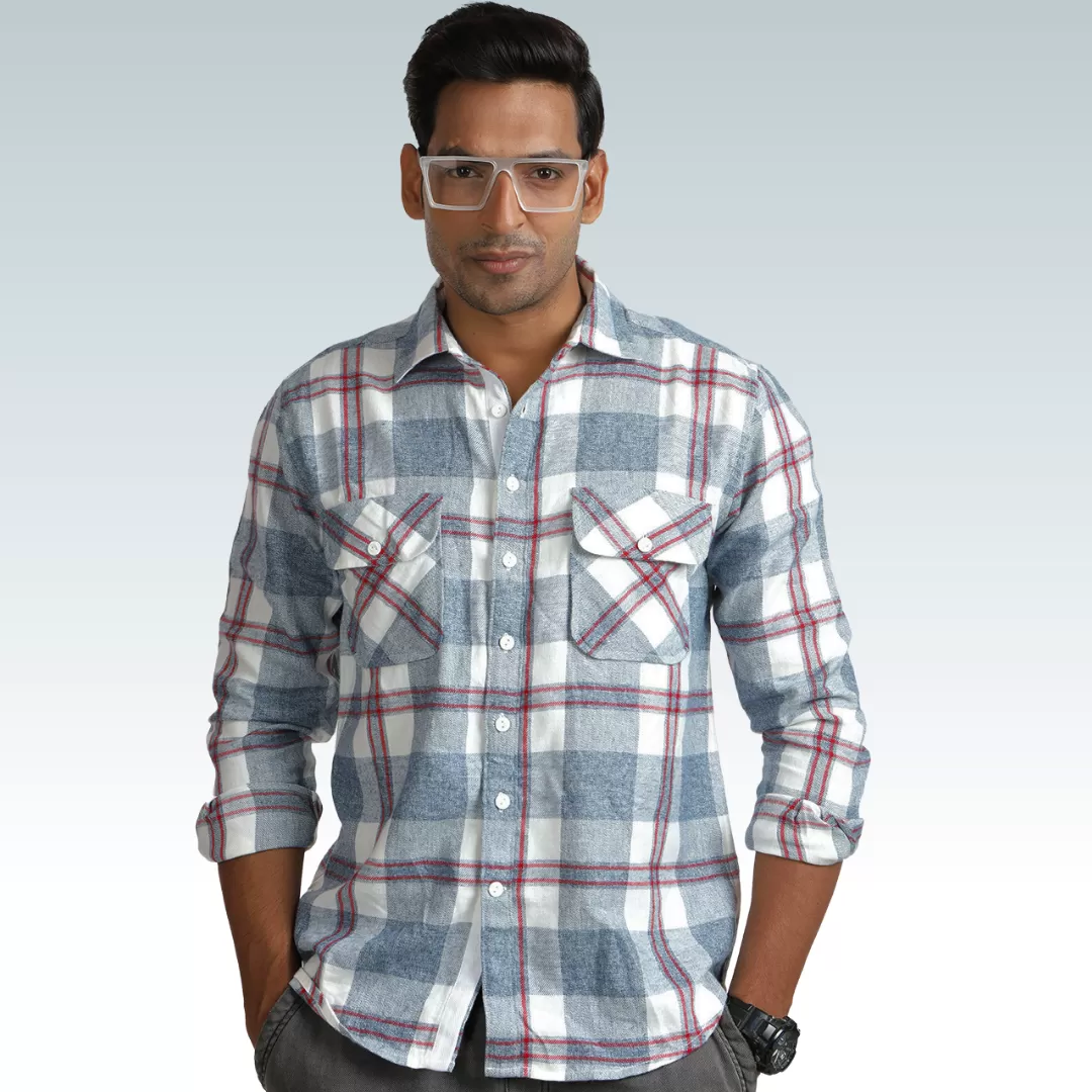 White Grey Check Enzyme Washed Shirt