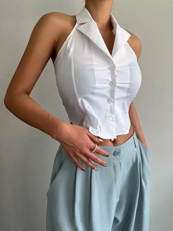 White solid front halter top