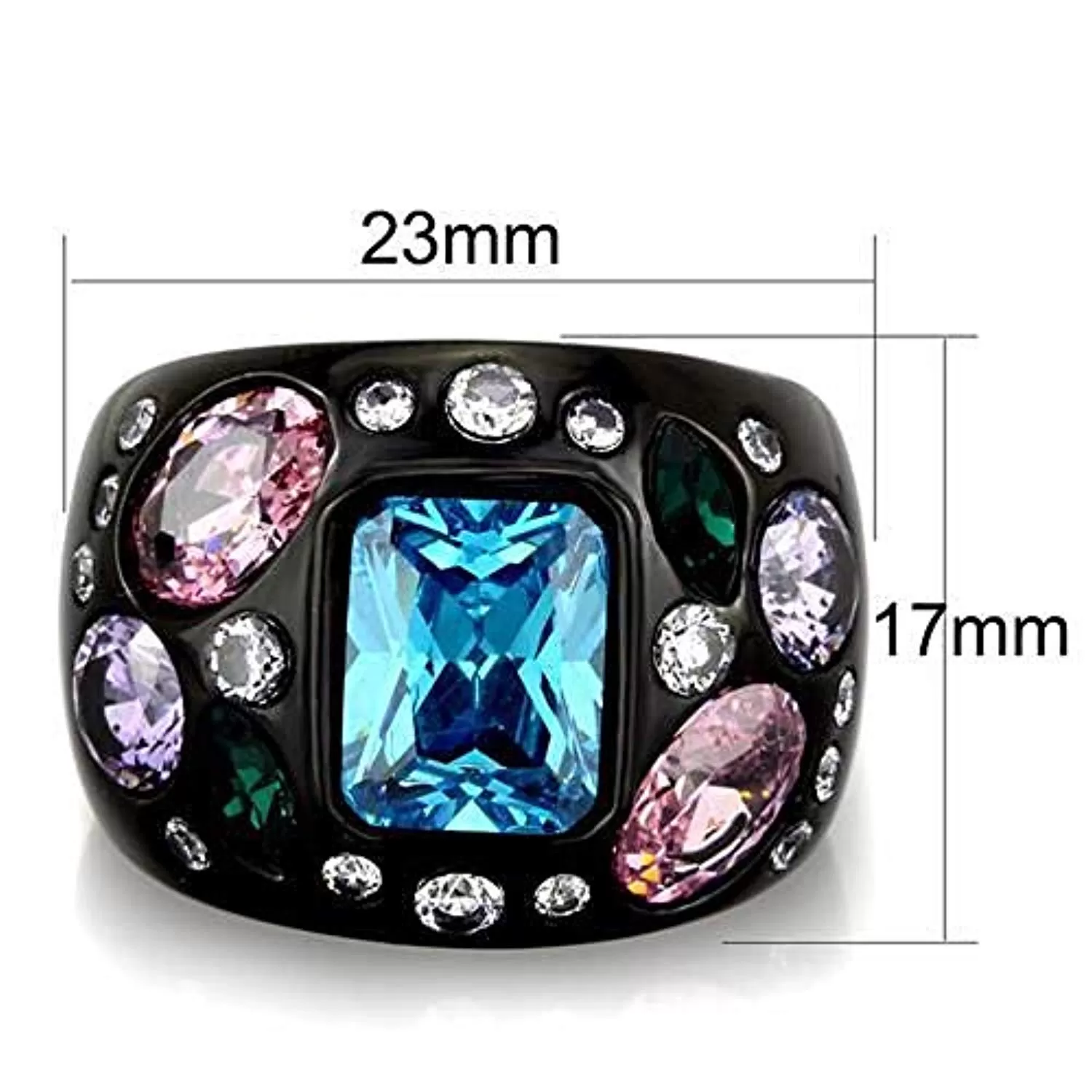 WildKlass Stainless Steel Ring IP Black Women AAA Grade CZ Sea Blue