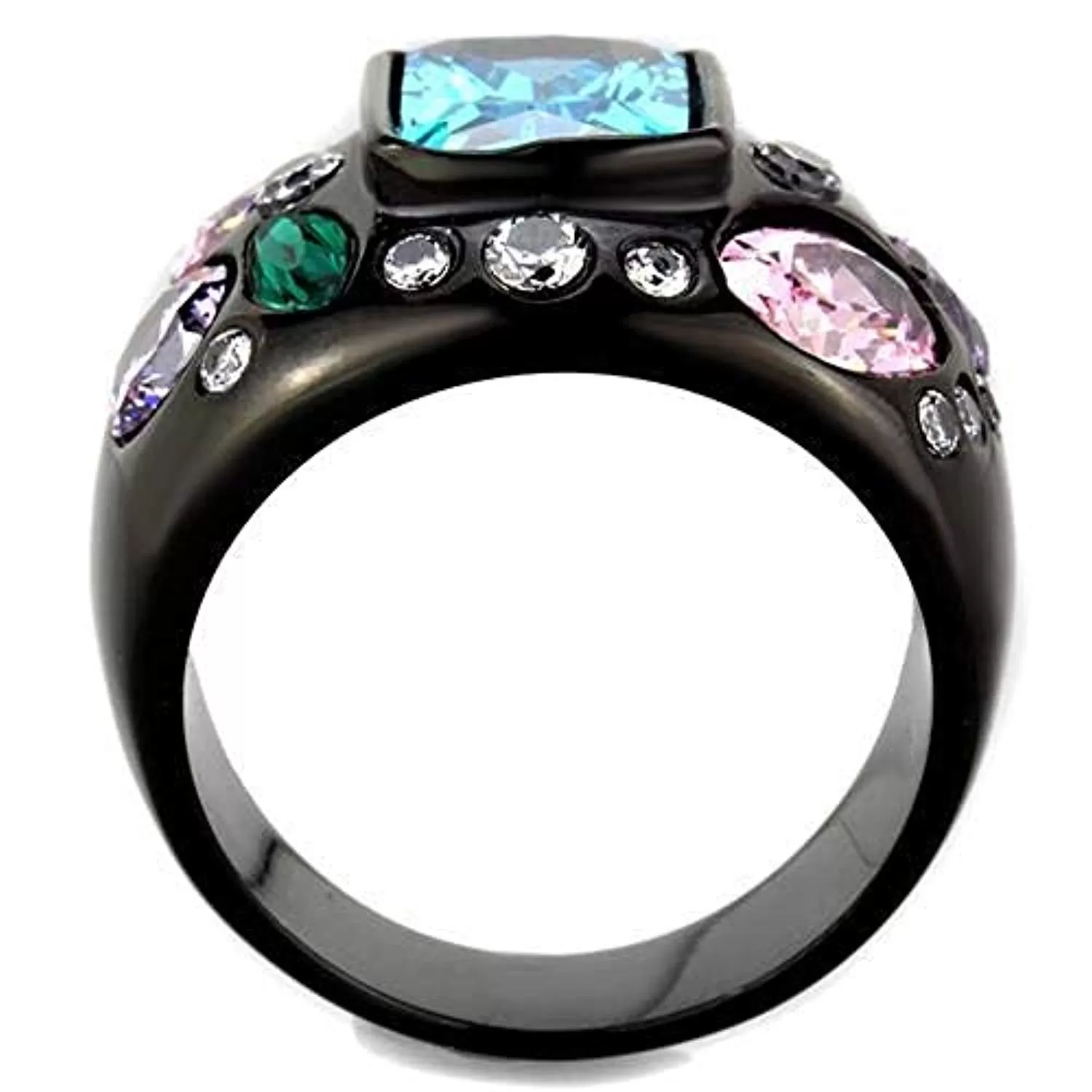 WildKlass Stainless Steel Ring IP Black Women AAA Grade CZ Sea Blue