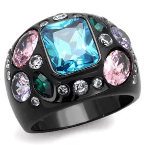 WildKlass Stainless Steel Ring IP Black Women AAA Grade CZ Sea Blue