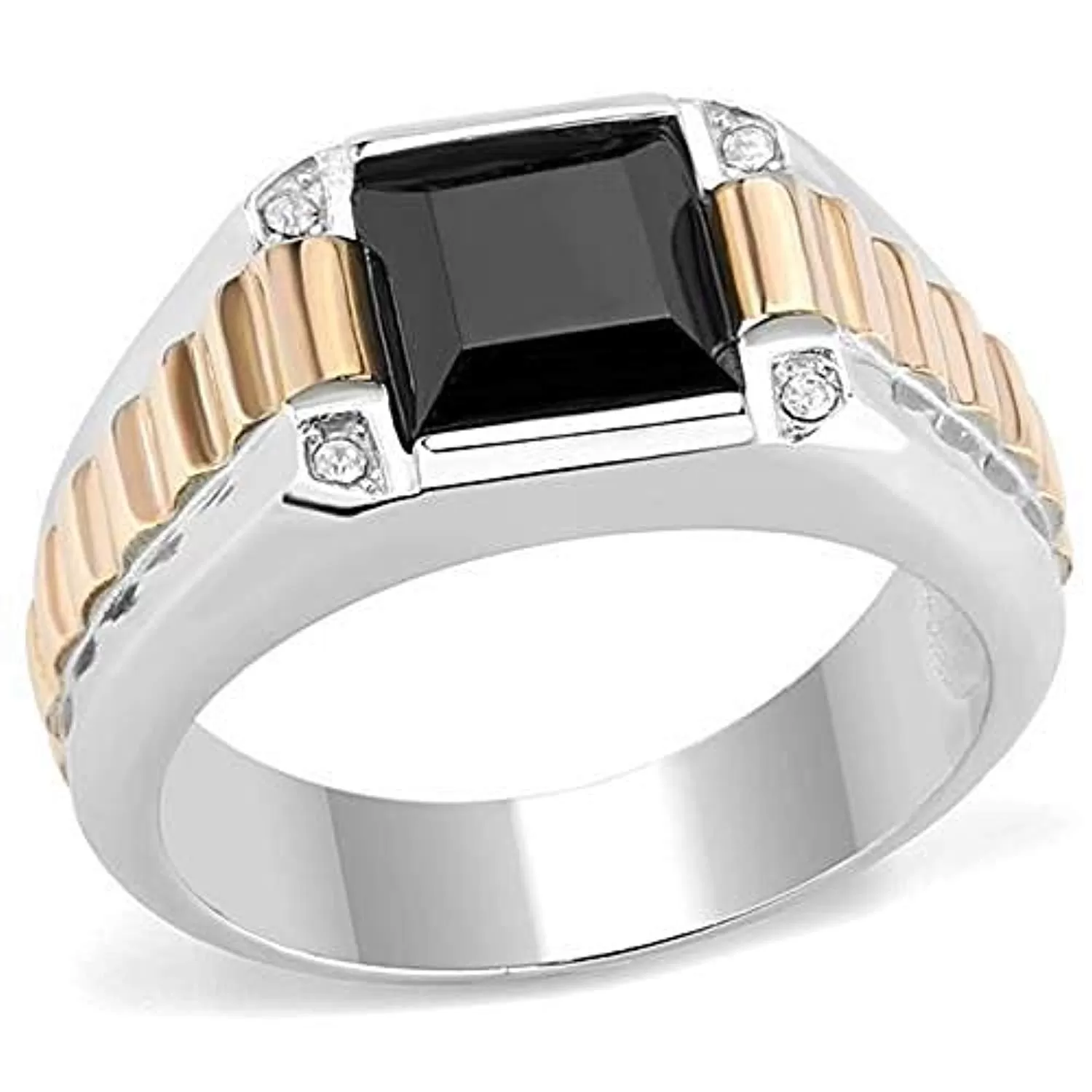 WildKlass Stainless Steel Ring Two-Tone IP Rose Gold Men Synthetic Jet