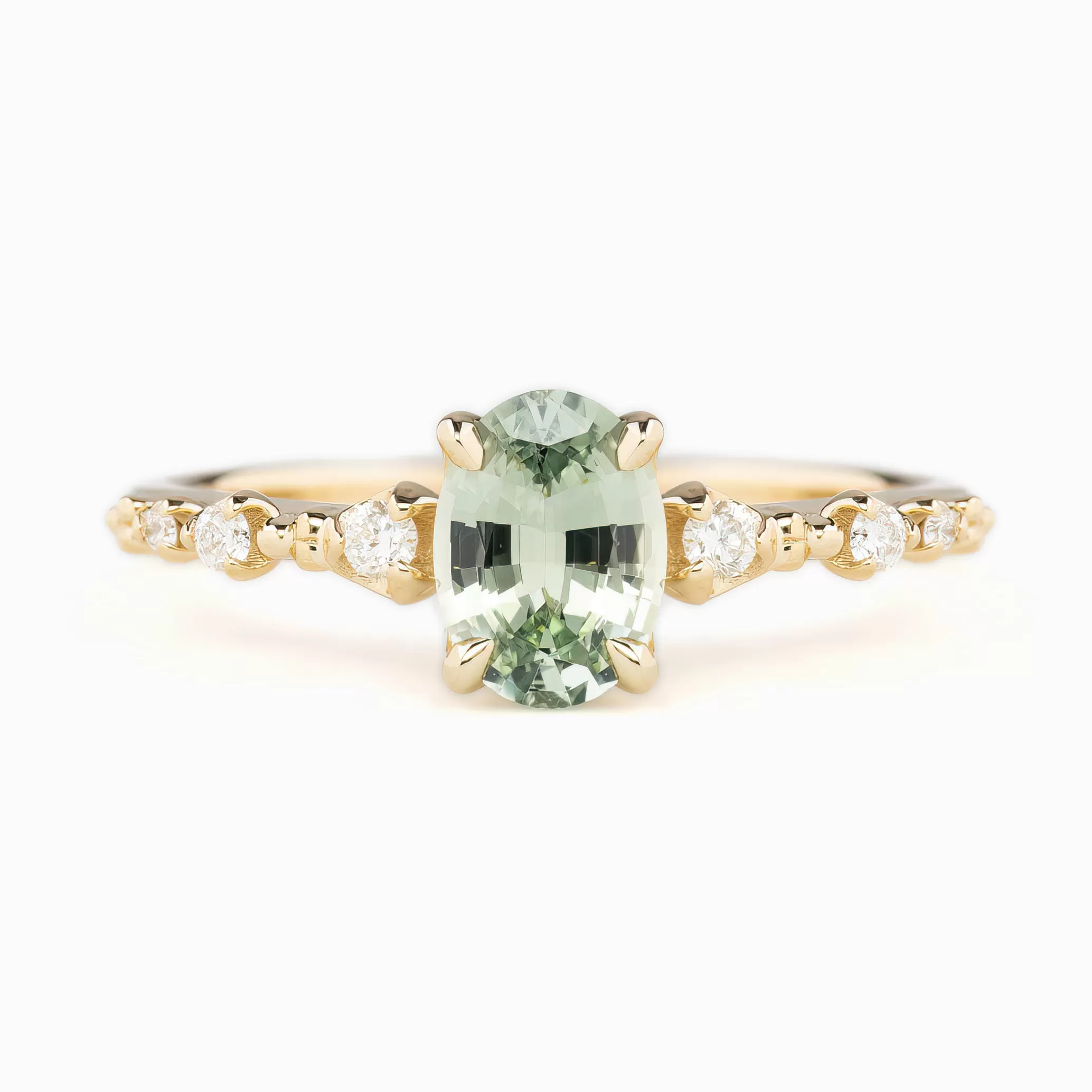 Wisteria Ring 1.06ct Light Green Madagascar Sapphire, 14K Yellow Gold (One of a kind)