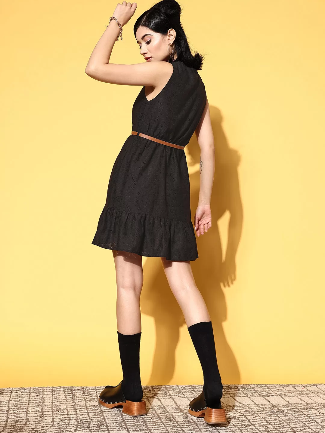 Women Black Schiffli V-Neck Frill Hem Belted Dress