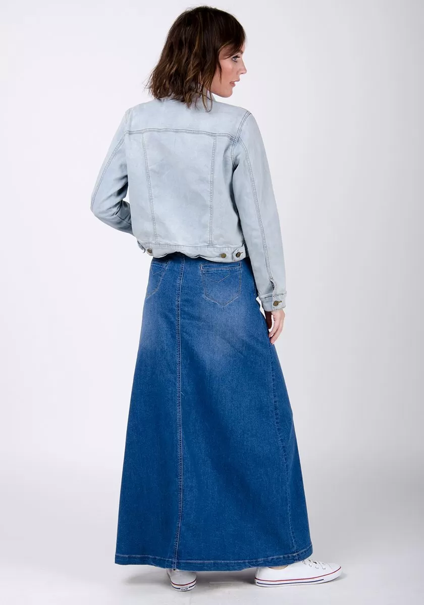 Womens Long Denim Skirt - Stonewash