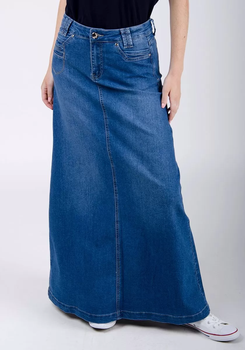 Womens Long Denim Skirt - Stonewash