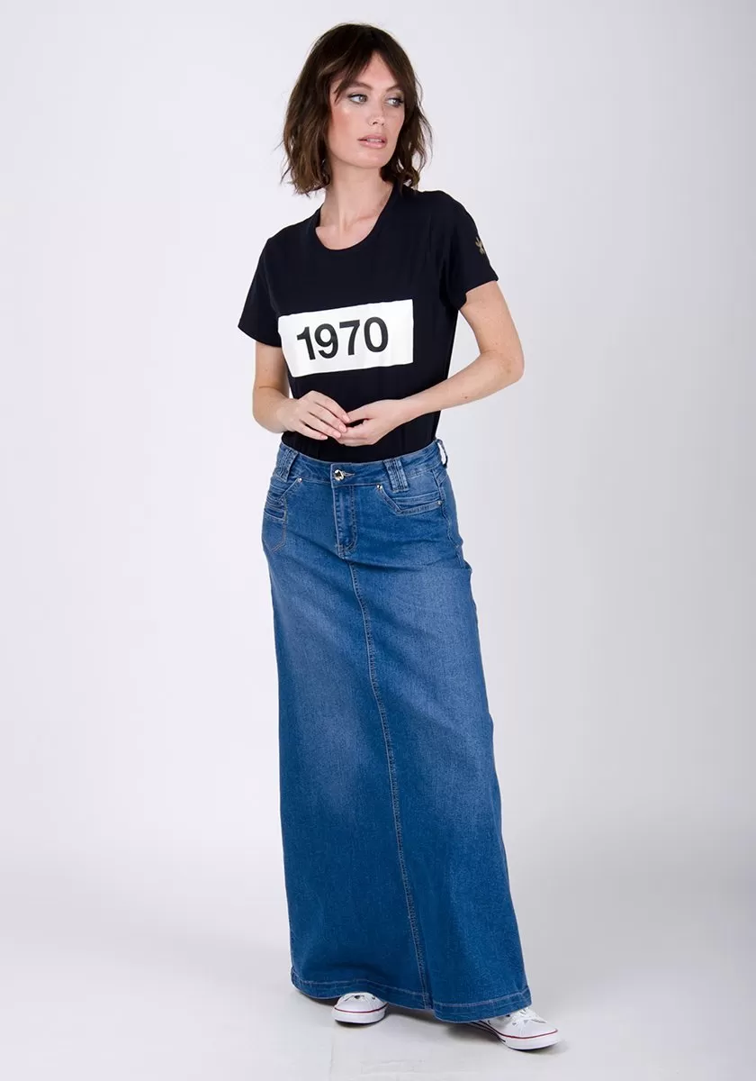 Womens Long Denim Skirt - Stonewash