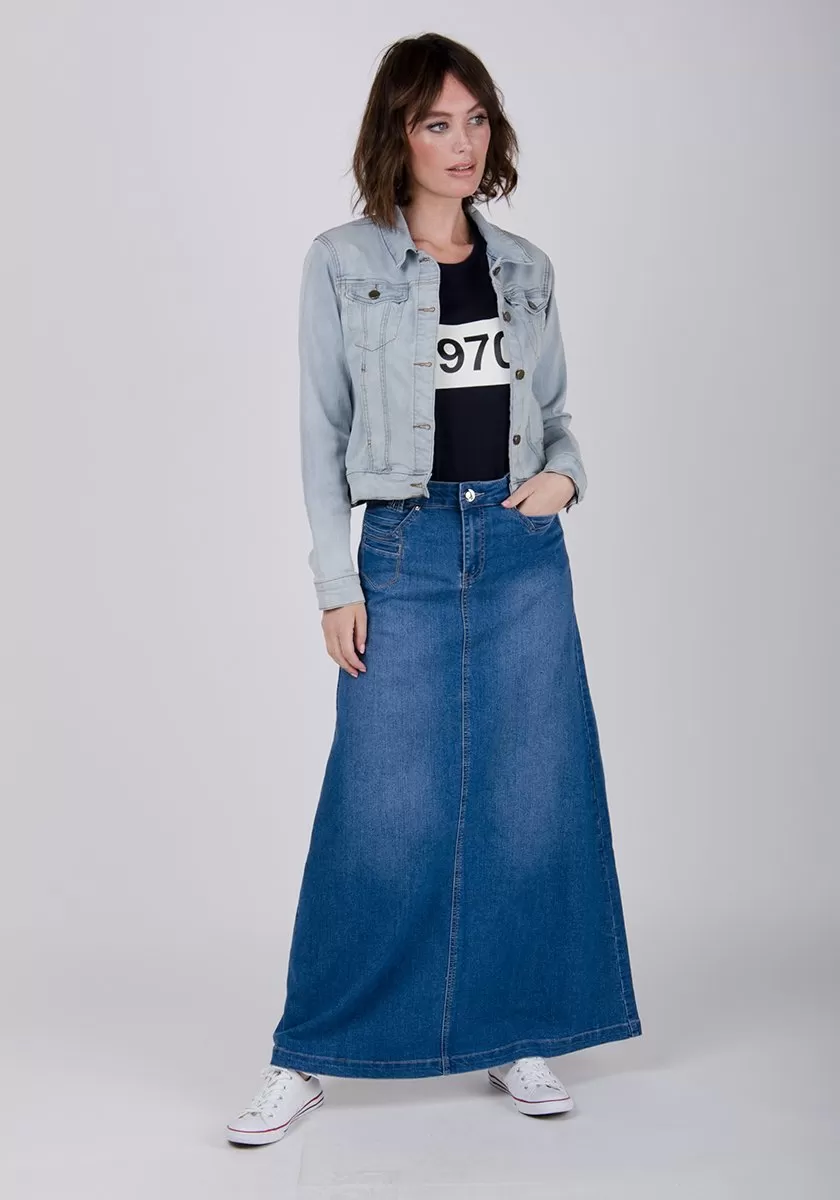 Womens Long Denim Skirt - Stonewash