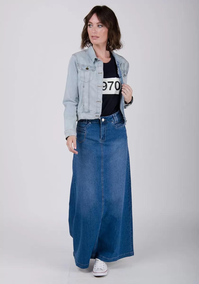 Womens Long Denim Skirt - Stonewash